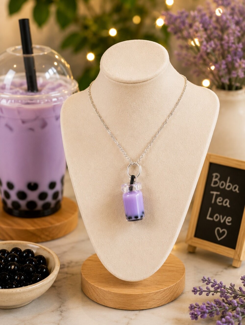 Mini Boba Tea Necklace Bubble Tea Charm Silver Chain Kawaii Food Jewelry Gift